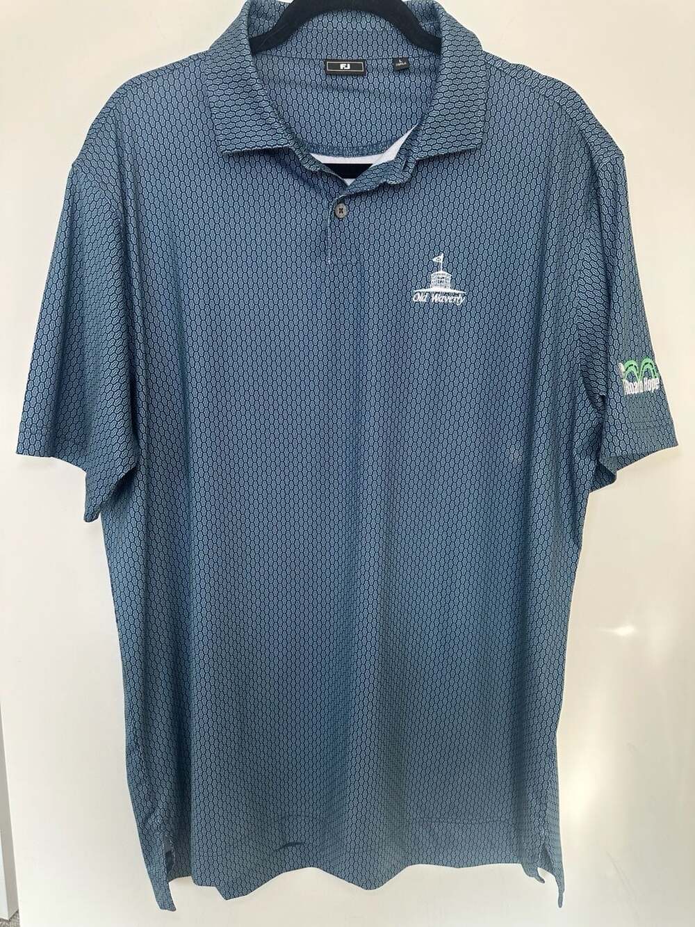 Footjoy Golf Polo Shirt Size L Blue Geometric Pattern Old Waverly Embroidered